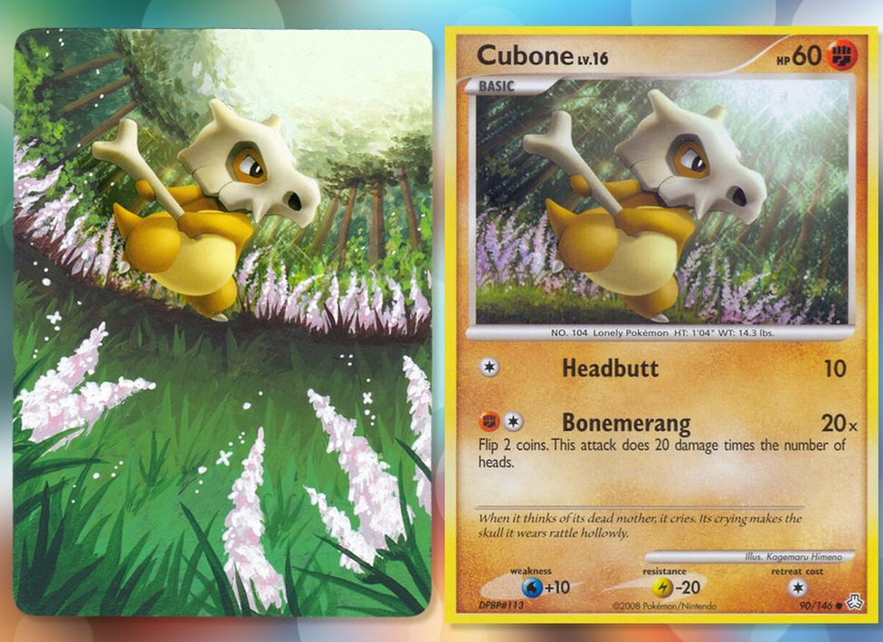 A cubone Pokemon card. This features lush flowers in a garden theme.