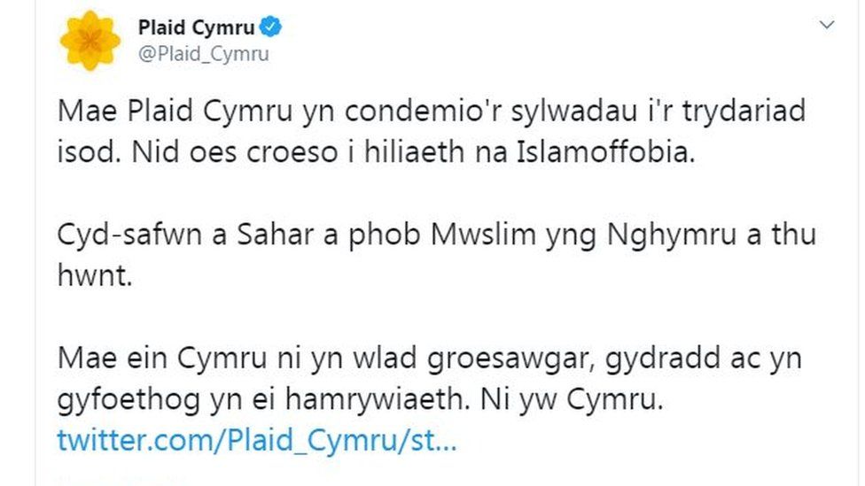 Neges Twitter Plaid Cymru