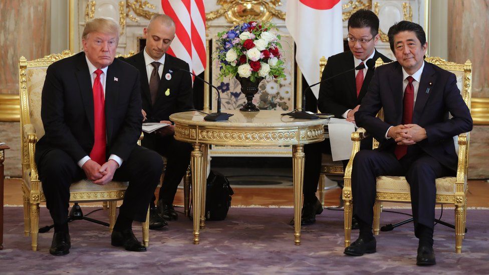 U.S. President Donald Trump, left, and Japanese Prime Minister Shinzo Abe hold a talk at Akasaka Palace,