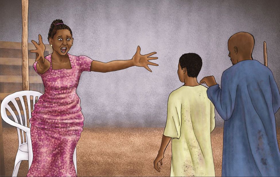 Illustration showing Firdausi Okezie recognising her brother