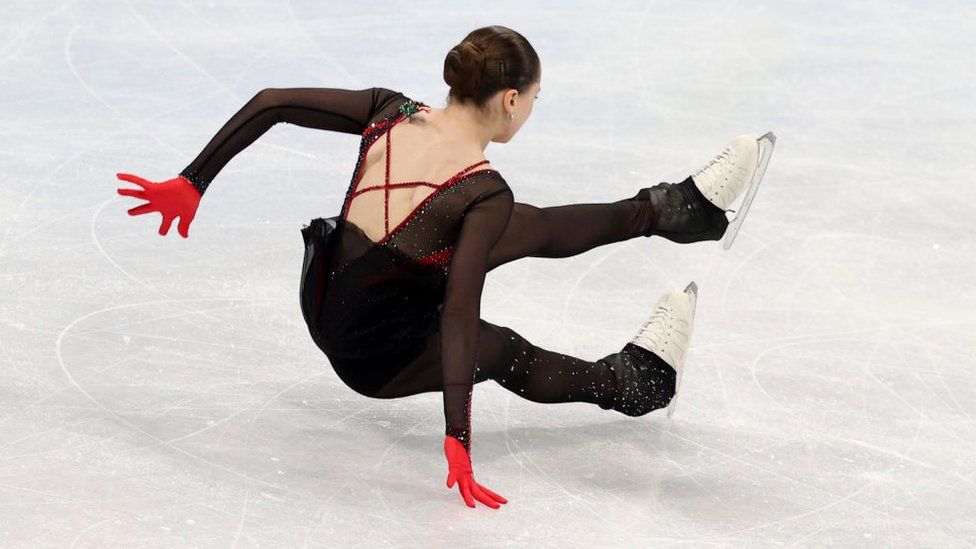 Kamila Valieva of Russia falls on ice during the Women Single Skating Free Skating on day thirteen of the Beijing 2022 Winter Olympic Games at Capital Indoor Stadium on February 17, 2022 in Beijing, China.