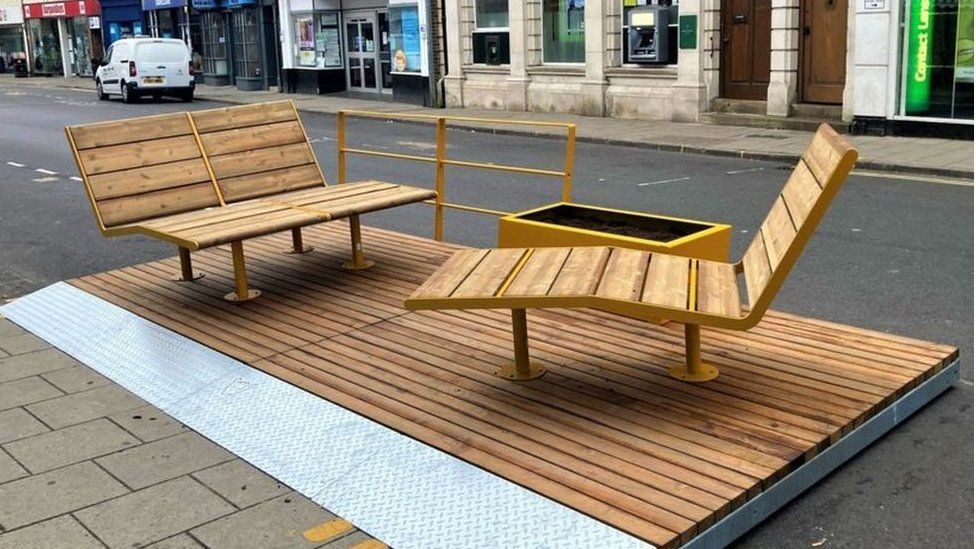 One of two parklets in Mercer Row, Louth, before they were taken away
