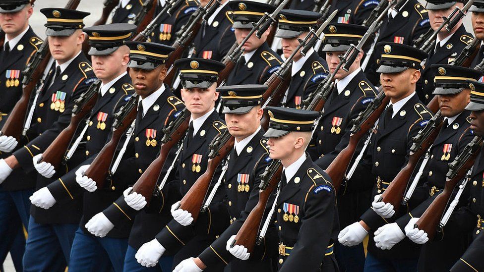 Members of the Army march during the presidential inauguration.