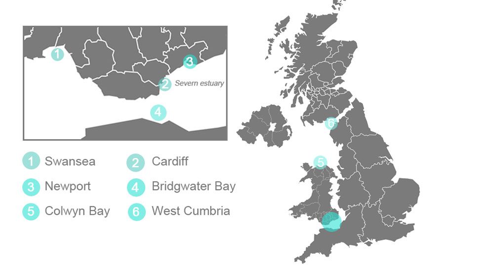 Proposed tidal lagoon map of the UK