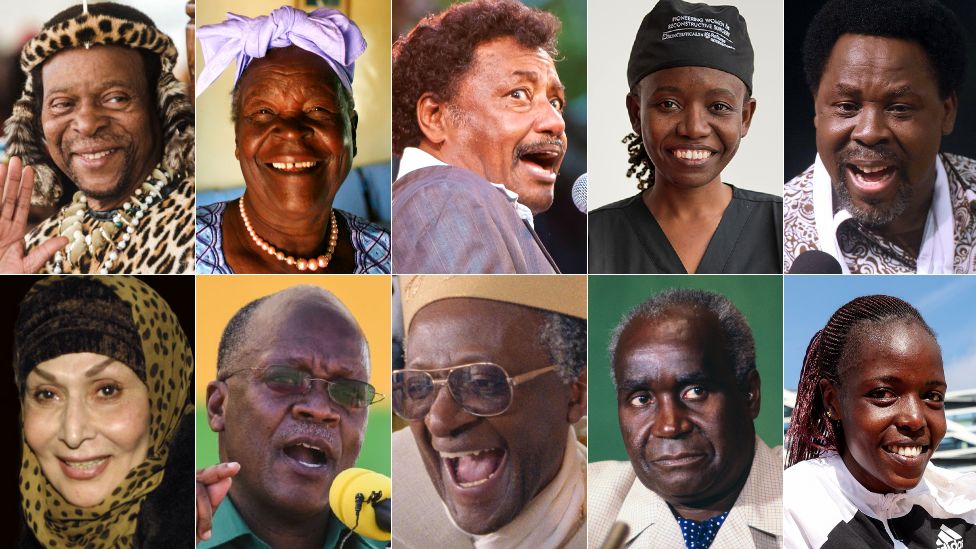 Top left to right: Goodwill Zwelithini, Sarah Obama, Alemayehu Eshete, Matolase Mtonga and TB Joshua. Bottom left to right: Soheir El-Bably, John Magufuli, Desmond Tutu, Kenneth Kaunda, Agnes Tirop