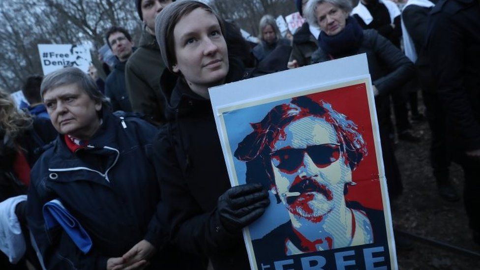Protesters gather outside the Turkish Embassy to demand the release of German journalist Deniz Yucel on 28 February 2017 in Berlin, Germany.