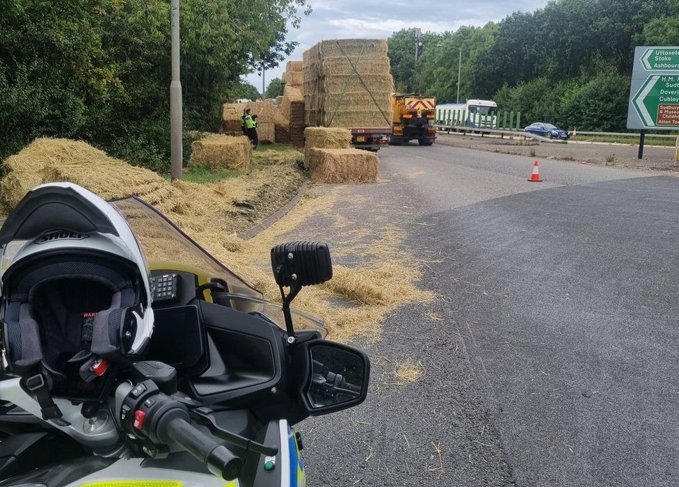 Hay bales fall off lorry on A50, in Aston-on-Trent, Derbyshire