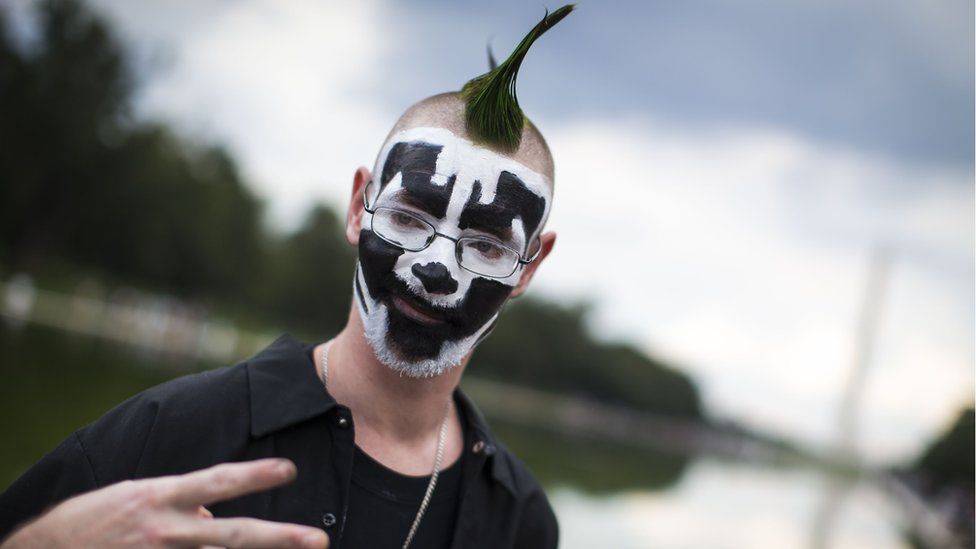 A man poses for a photo during the Juggalo March, at the Lincoln Memorial on the National Mall, September 16, 2017 in Washington, DC.