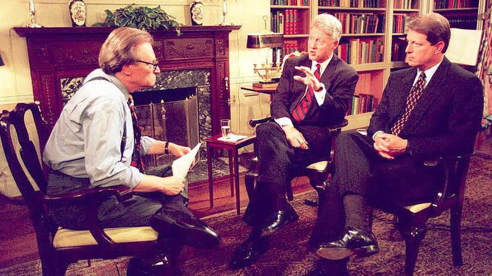 Larry King interviews Bill Clinton and Al Gore during the 1996 presidential election