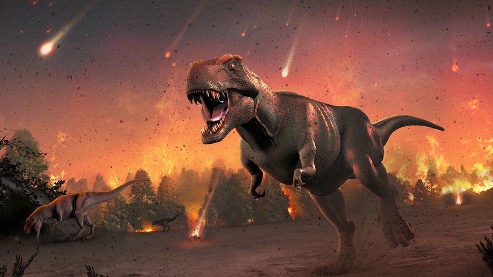 T-rex running from an asteroid