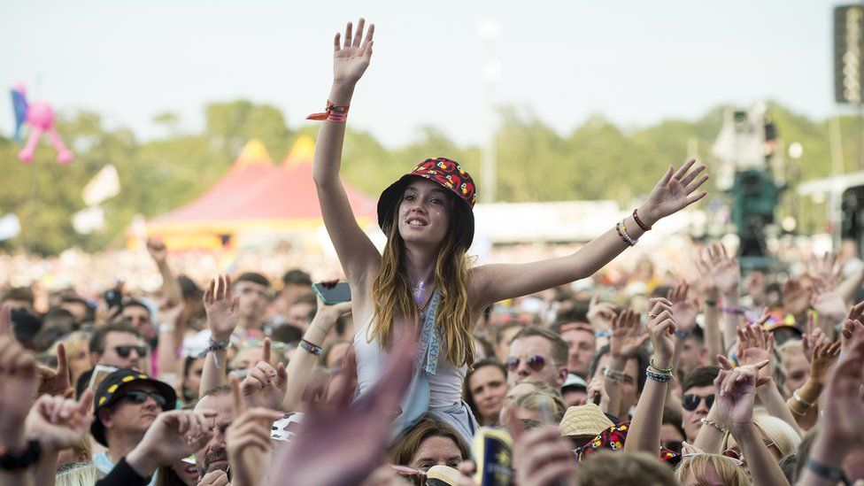 Festival goers at Isle Of Wight Festival 2021 at Seaclose Park on September 18, 2021 in Newport, Isle of Wight