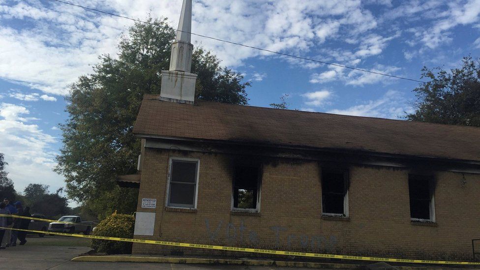 The fire-damaged Hopewell Baptist Church in Greenville, Mississippi
