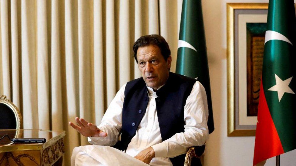 Former Pakistani Prime Minister Imran Khan speaks with Reuters during an interview, March 2023