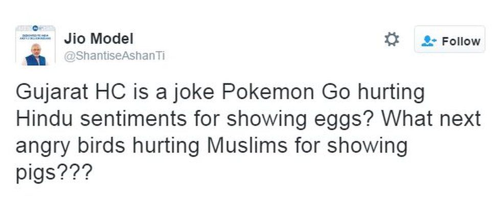 Gujarat HC is a joke Pokemon Go hurting Hindu sentiments for showing eggs? What next angry birds hurting Muslims for showing pigs???