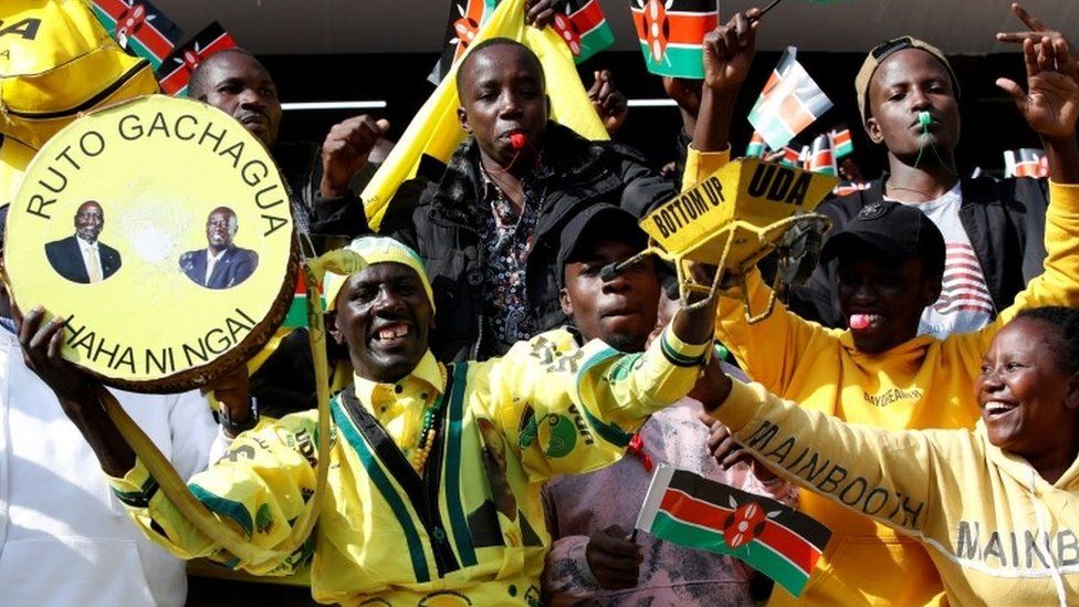 People chant slogans during the inauguration of Kenya"s President William Ruto before his swearing-in ceremony at the Moi International Stadium Kasarani in Nairobi, Kenya September 13, 2022