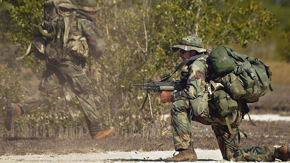 US marines take part in the US-Kenyan joint military exercises near the Somali border in Lamu, Kenya, 12 February 2002