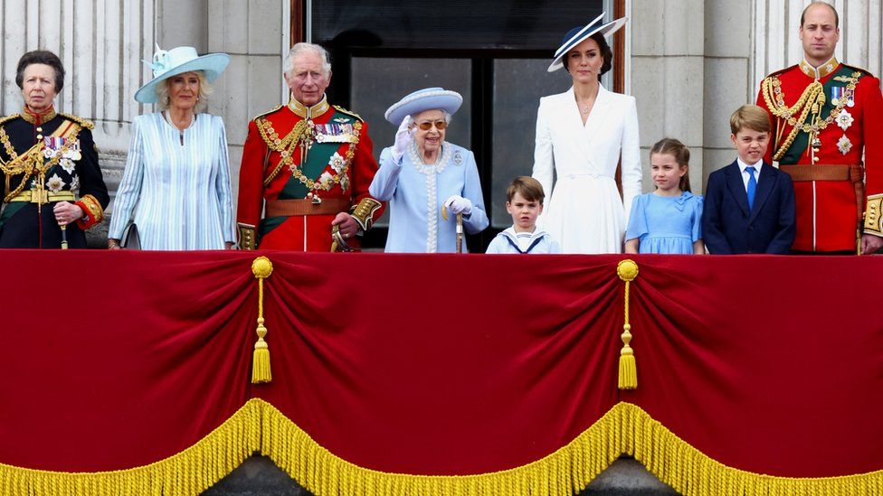Queen Elizabeth, Anne, Princess Royal, Prince Charles, Camilla, Duchess of Cornwall, Prince William and Catherine, Duchess of Cambridge, along with Princess Charlotte, Prince George and Prince Louis appear on the balcony of Buckingham Palace as part of Trooping the Colour parade during the Queen"s Platinum Jubilee celebrations in London, Britain, June 2, 2022