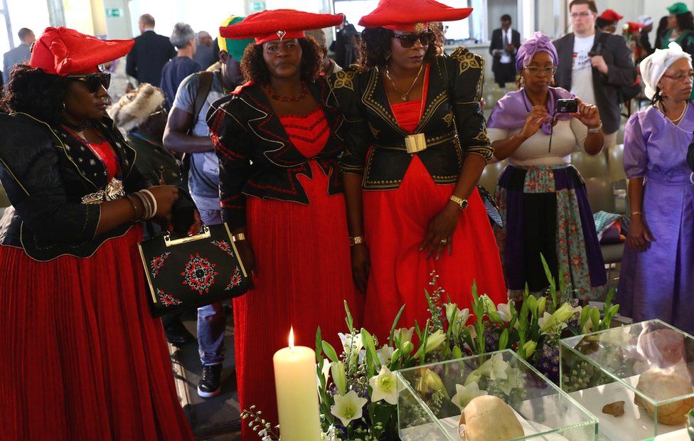 Women in Herero dress at a ceremony to return the skulls