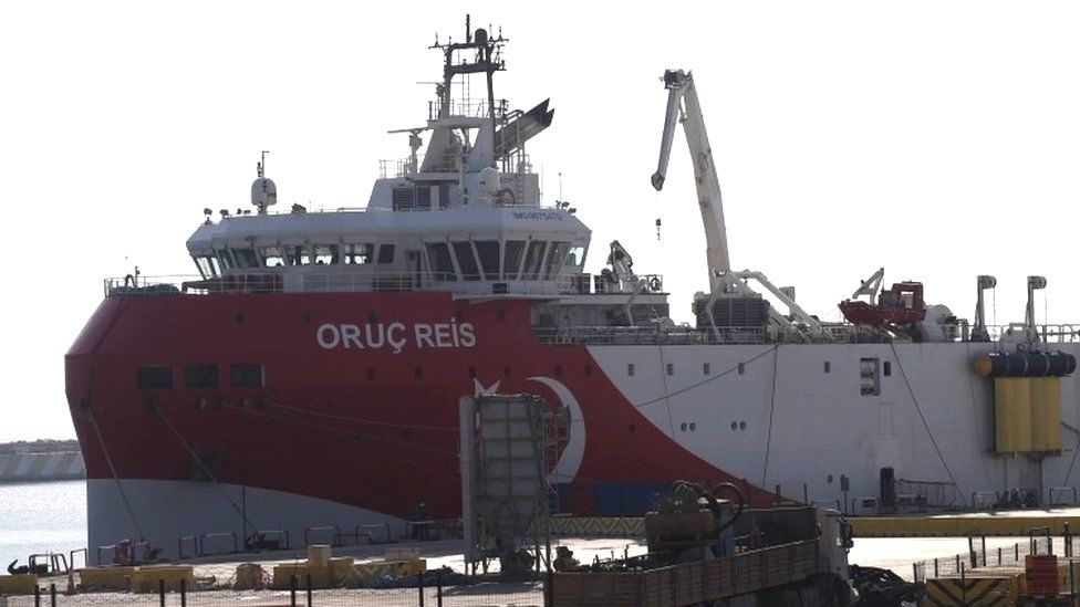 A Turkish exploration vessel is docked at port in Turkey