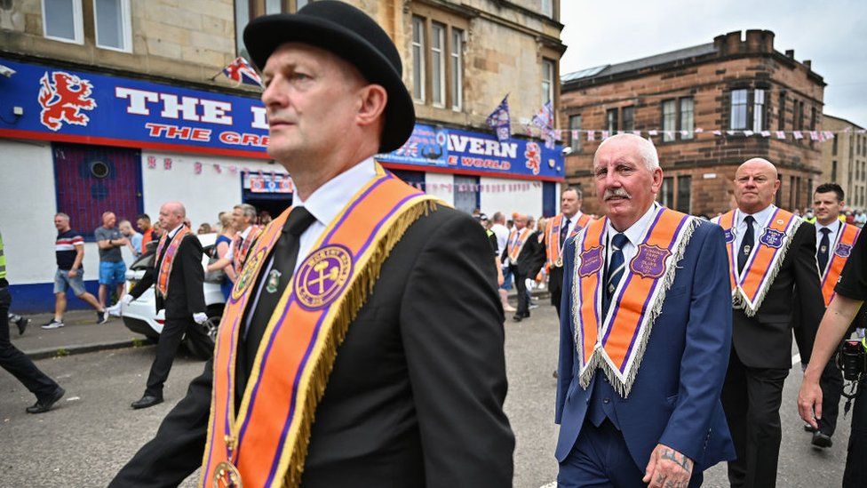Members of the Royal Orange Institution Govan District 42 hold a parade on July 3, 2021
