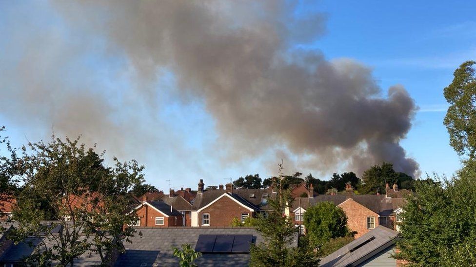 Plume of smoke over houses in Ipswich