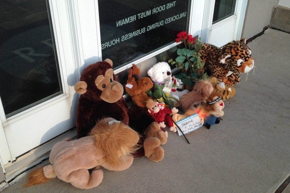 A picture shows stuffed animals left by protesters in the doorway of River Bluff Dental clinic, workplace of Walter James Palmer, in July 2015