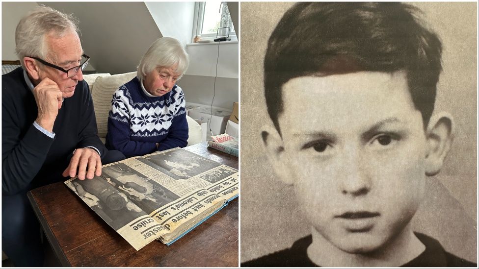 Michael Lees & Jill Tovey looking at old newspaper cuttings and Michael seen as a boy just after he was rescued