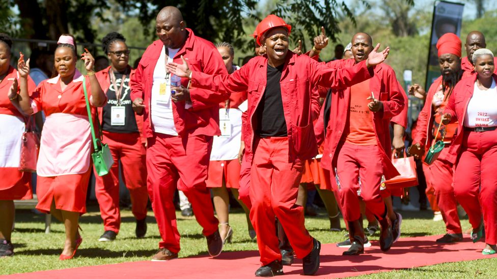 Members of the EFF opposition party, dressed in red, arriving at the Oval Cricket club in Pietermaritzburg, South Africa - Friday 24 February 2023