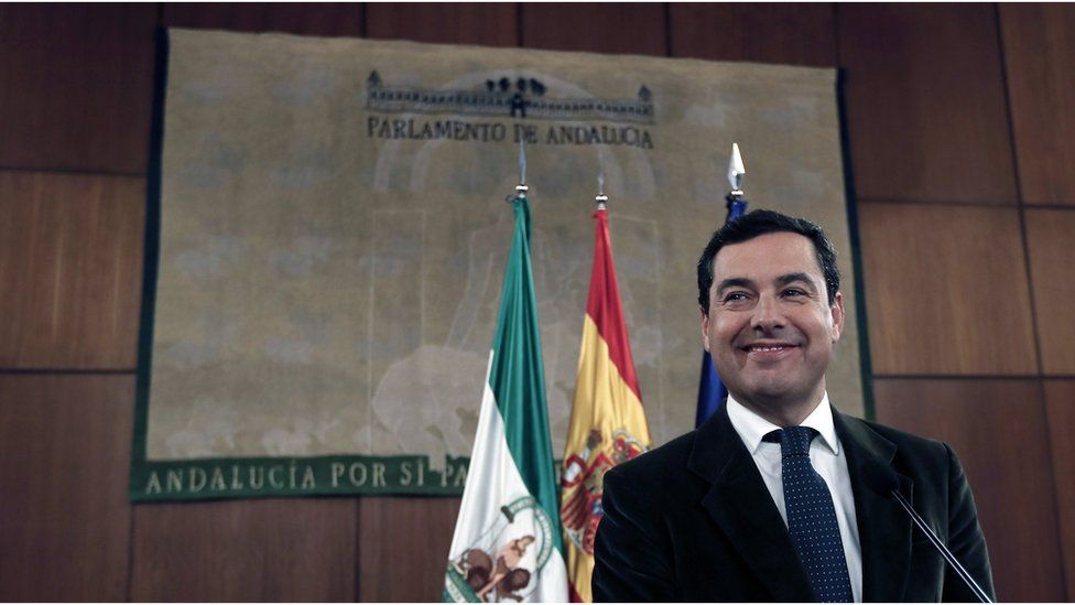 PP candidate Juanma Moreno delivers a speech at Andalucia's Parliament in Seville, 09 January