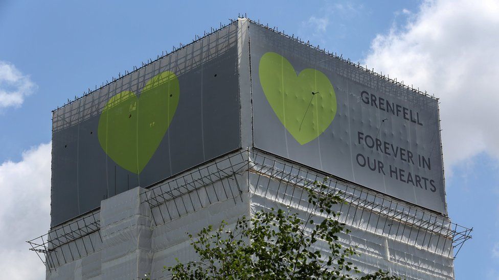 Grenfell Tower, covered in scaffold after the 2017 fire