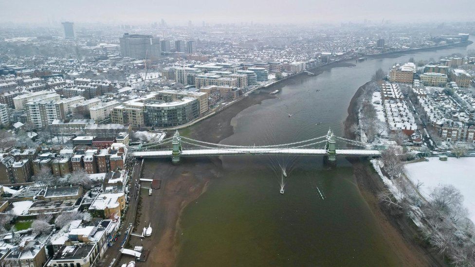 Aerial view of snow-covered London