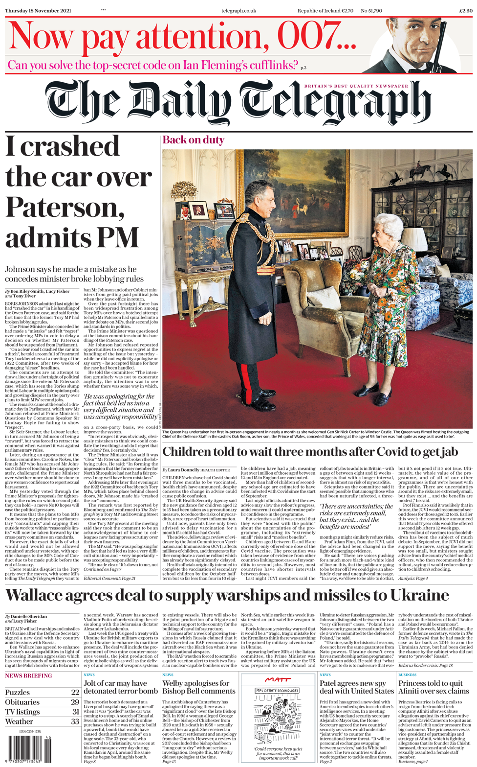 Front page of the Daily Telegraph
