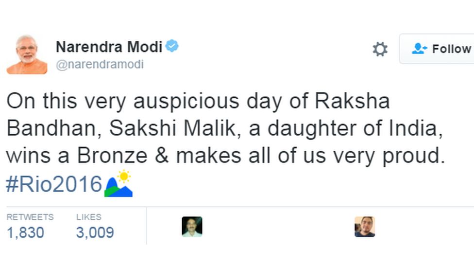 "Sakshi Malik a daughter of India wins a Bronze and makes us all very proud", tweeted Narendra Modi