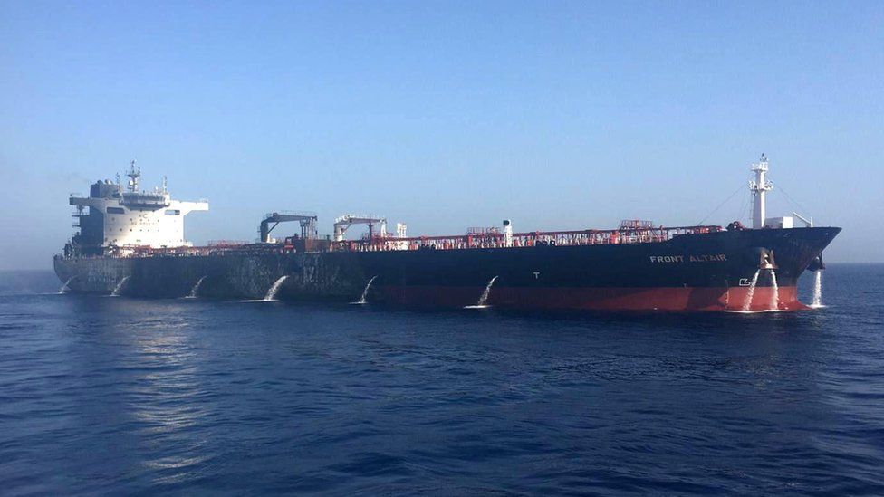 A handout photo made available by the Norwegian company Frontline showing the tanker Front Altair after a fire on board the ship in the Gulf of Oman (13 June 2019)