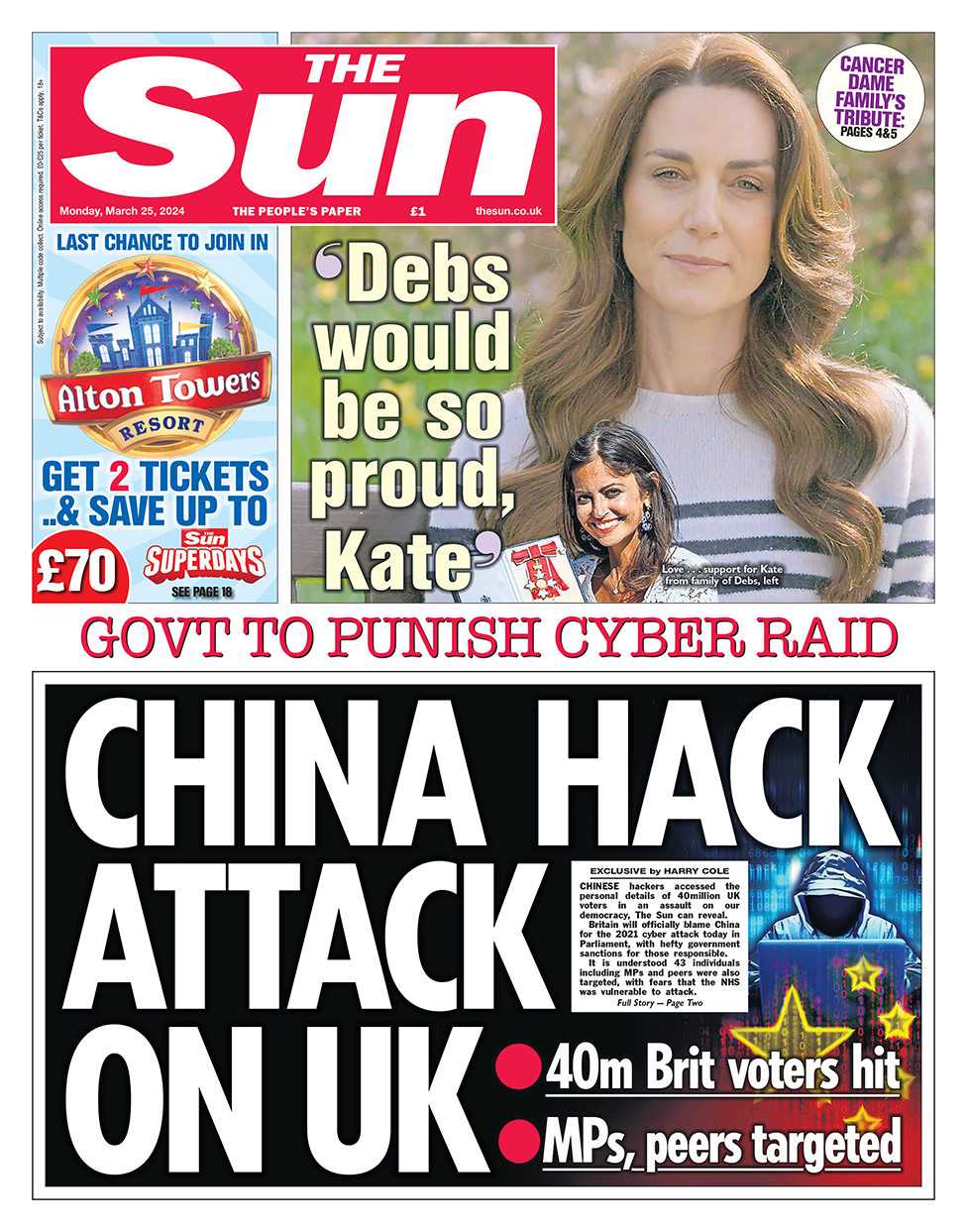 《太阳报》头版的标题是： "中国对英国黑客攻击"