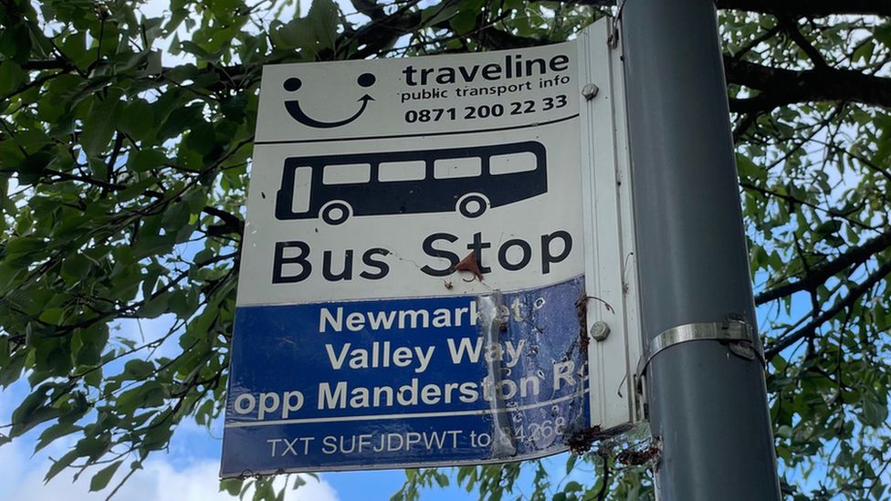 Bus stop sign reads: Bus stop Newmarket, Valley Way, opp Manderston Rd