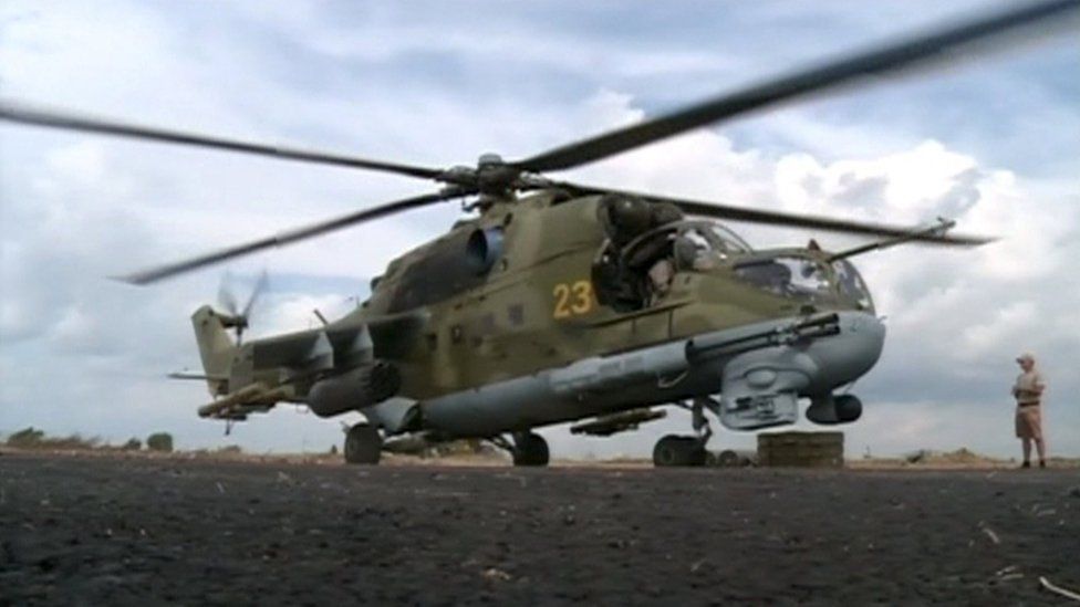 A Russian air force helicopter on the tarmac of Hmeimim air base near the Syrian port town of Latakia