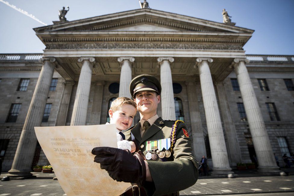 Captain Paul Conlon and his son Seanan outside the GPO in Dublin