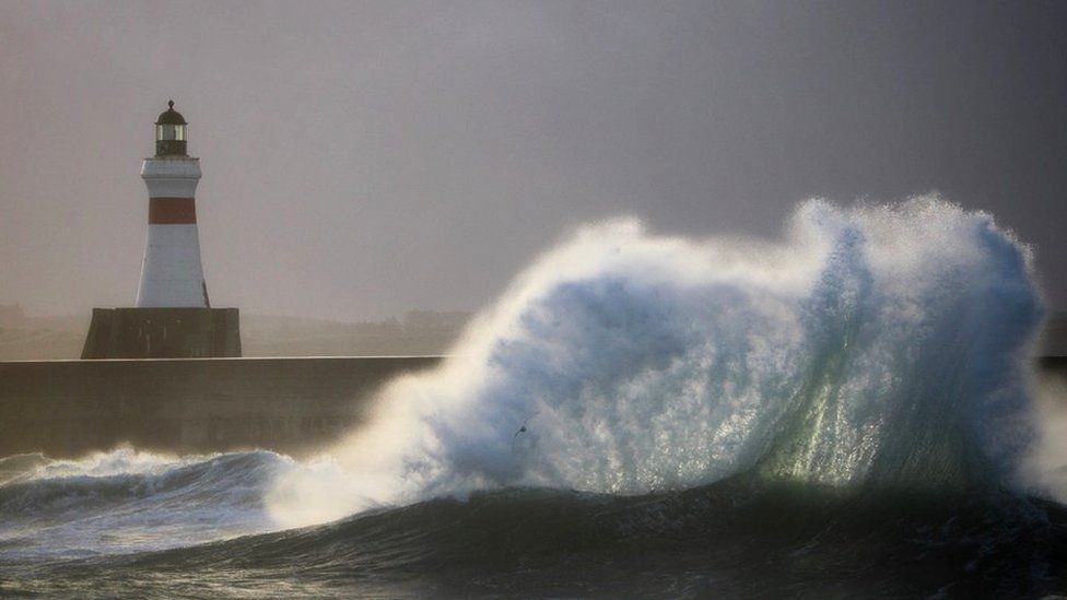 Waves crashing against the shore when Storm Corrie hit Fraserburgh, Aberdeenshire