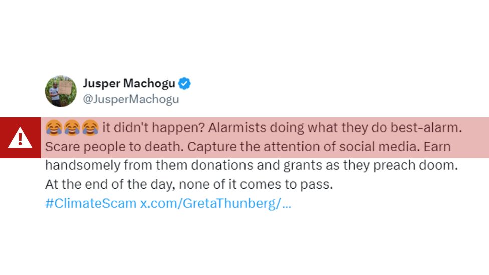 Screenshot of a tweet by Jusper Machogu accusing climate activists of alarmism and suggesting they might be driven by financial gain