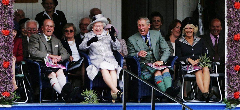 Britain's Queen Elizabeth II, her husband the Duke of Edinburgh, the Prince of Wales and the Duchess of Cornwall attend the Braemar Highland Games