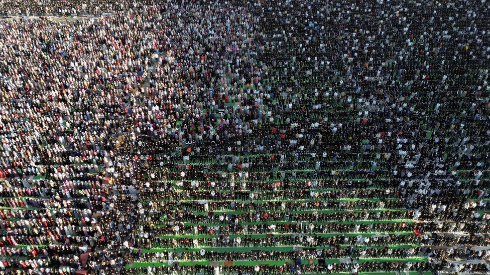 Drone view of worshippers attending prayers in Tirana, Albania
