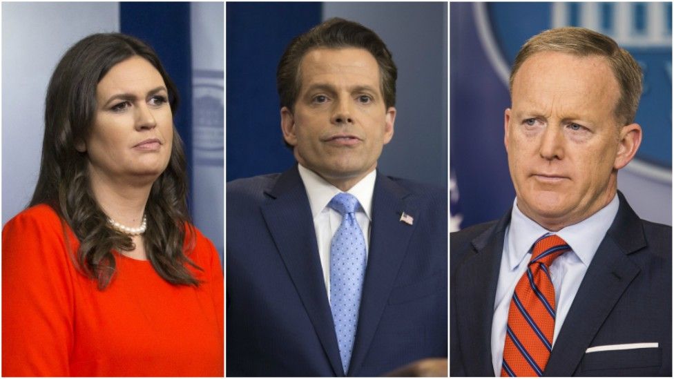 Sarah Huckabee Sanders, Anthony Scaramucci and Sean Spicer are pictured in a collage image.