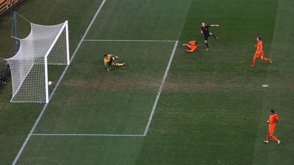 Iniesta scoring the winning goal in the 2010 World Cup final
