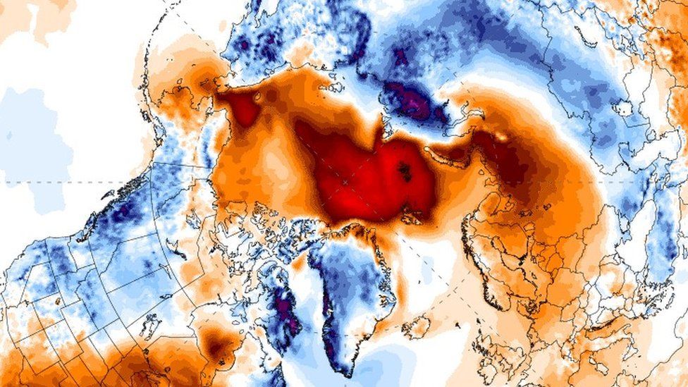 Temperature patterns mapped onto the Arctic region satellite image (c) University of Maine/ClimateReanalyzer.org