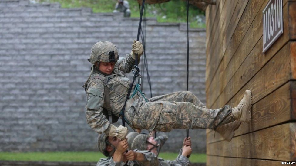 A female Ranger student tackles rappel training during the second phase of Ranger School at Camp Frank D Merrill in northern Georgia on 12 July.