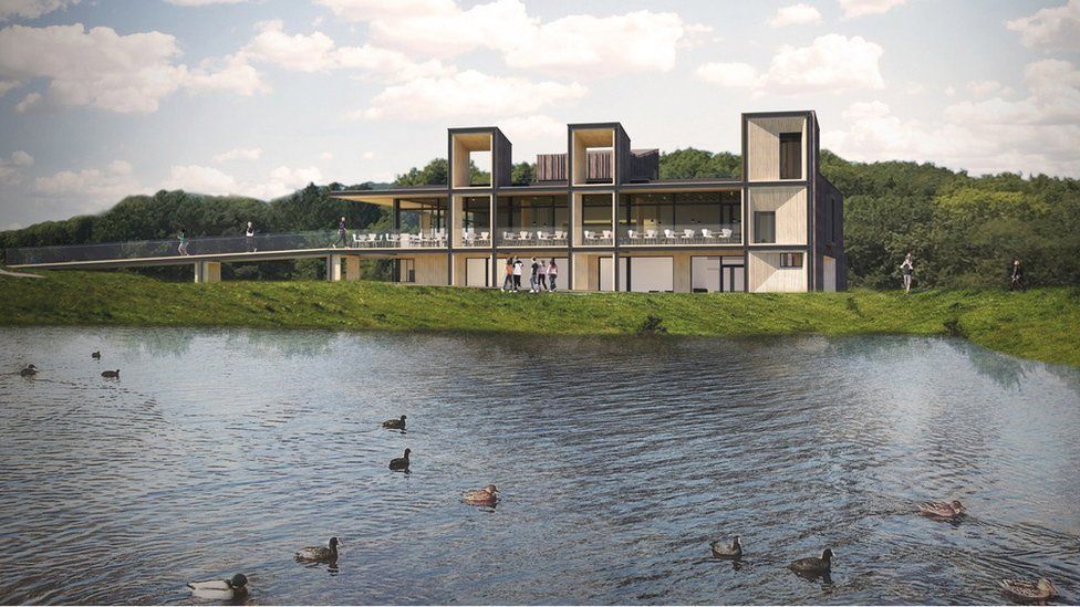 An artist's impression of a visitor centre at the Lisvane and Llanishen reservoirs