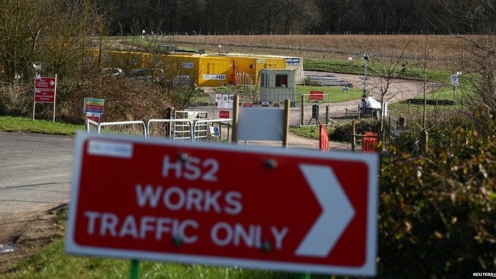 Sign outside works site on route of HS2 rail line