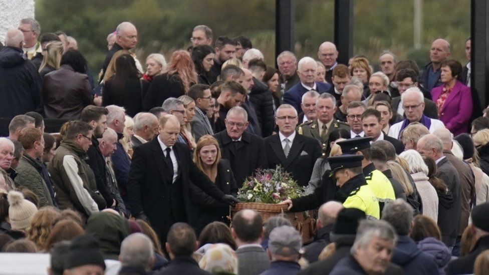 Mourners gathered around the coffin of Jessica Gallagher outside St Michael's Church in Creeslough