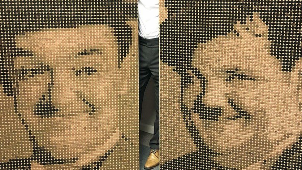 Julian Pickford, with coin portraits of Laurel and Hardy, which he commissioned his friend, renowned mosaic artist Ed Chapman, to create to mark the forthcoming world premiere of a biopic of the comedy legends.
